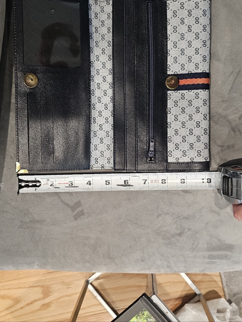 Black And Light Gray Gee Gees Leather Looks Clutch with Navy & Red Web Stripe